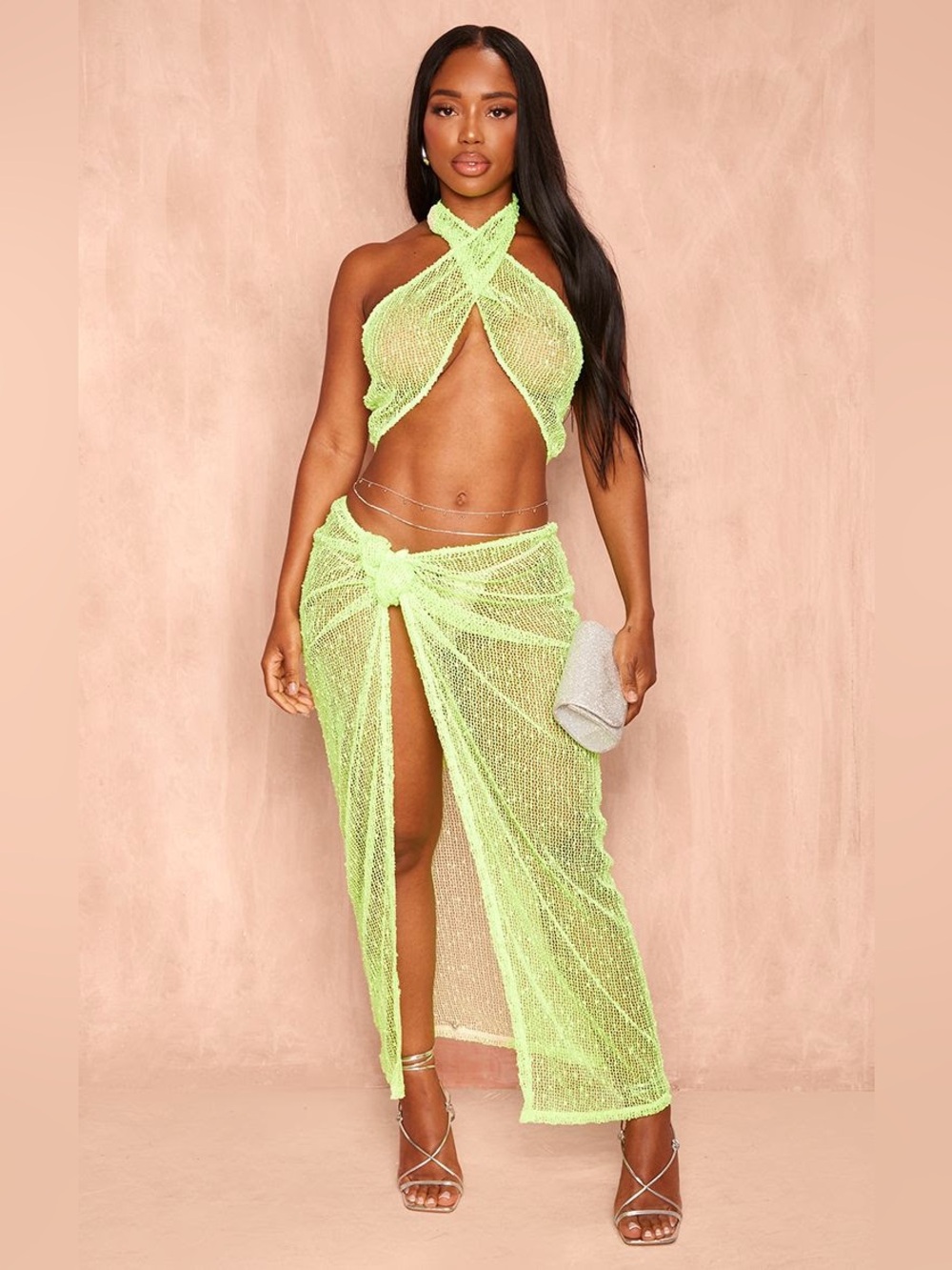 NWT neon lime textured sequin maxi wrap skirt cover-up
